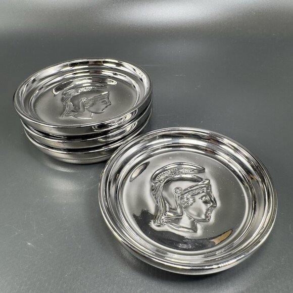 MCM Kimiko Silver Glass Tone Metal Coasters Guardian Crest Barware Set 4 Japan - Picture 12 of 12